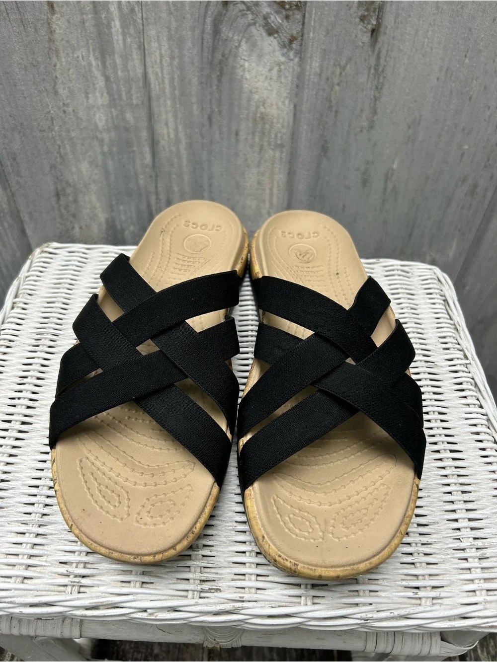 CROCS Women's Black Strappy Sandal with Beige Footbed